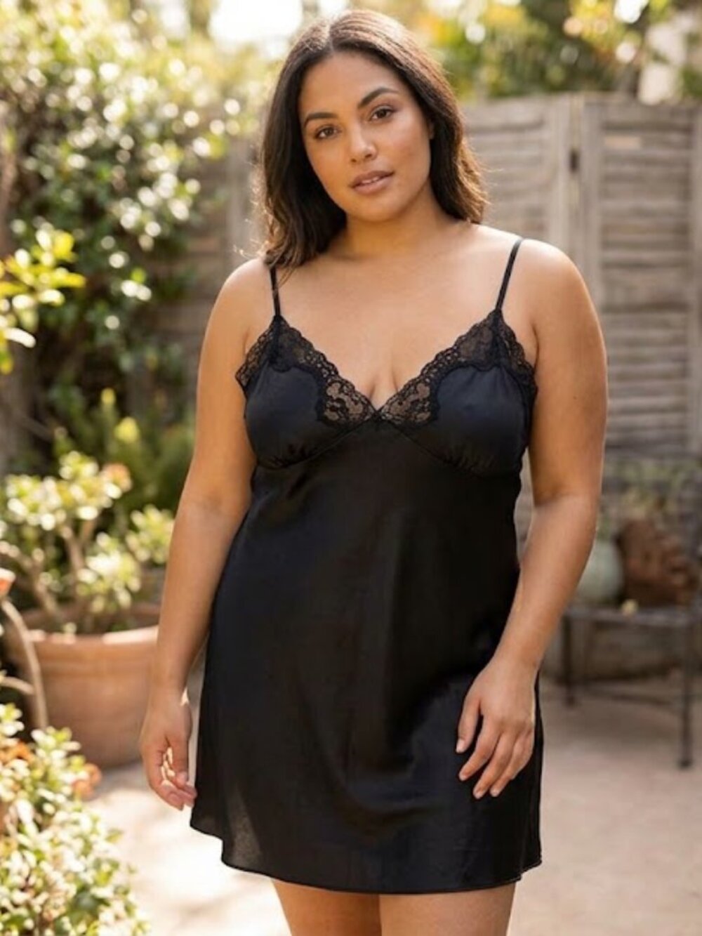Frederick's of Hollywood Black Satin & Lace Slip Dress Nightgown Vintage Vibe -